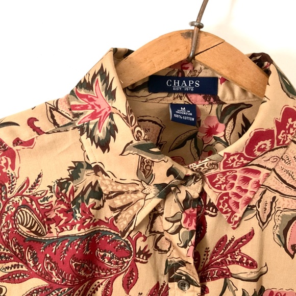 80’s 90’s Cotton Floral Paisley Blouse CHAPS Taupe Red Green Pink Beige Medium M - Picture 4 of 8